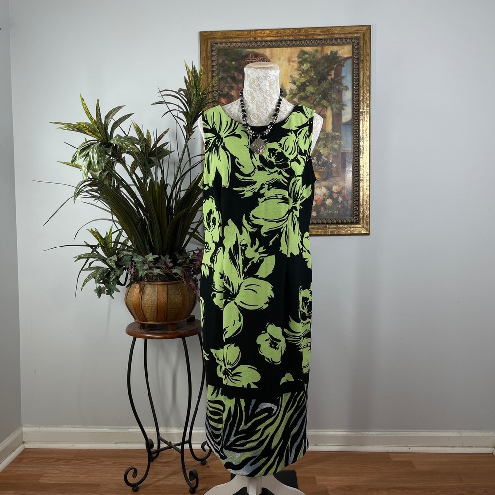Maya Brooke Sheath Dress Women 14 Black Green Poly Spandex Floral Zebra Print